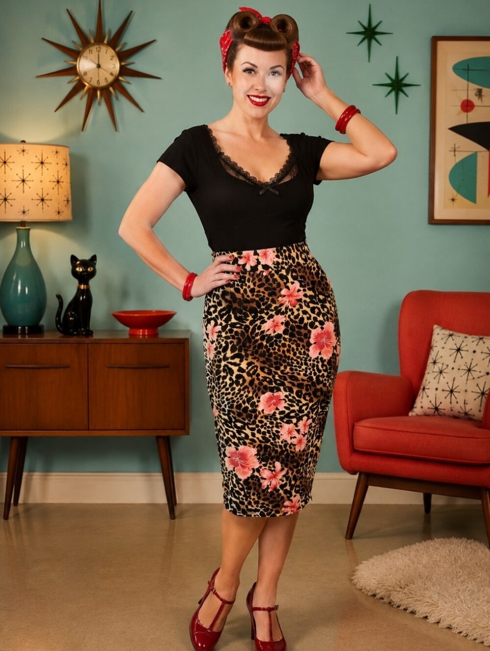 Retrolicious Black Leopard Pencil Skirt with Pink Floral Accents